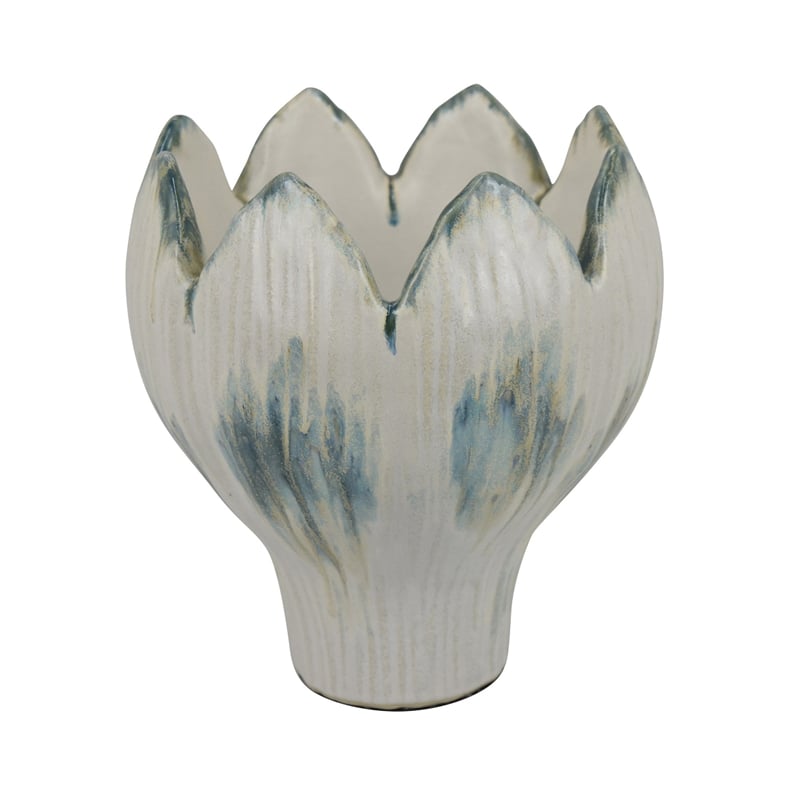 Decorative Planter with Petal Edge Design- White-Green Ceramic 10 Inch