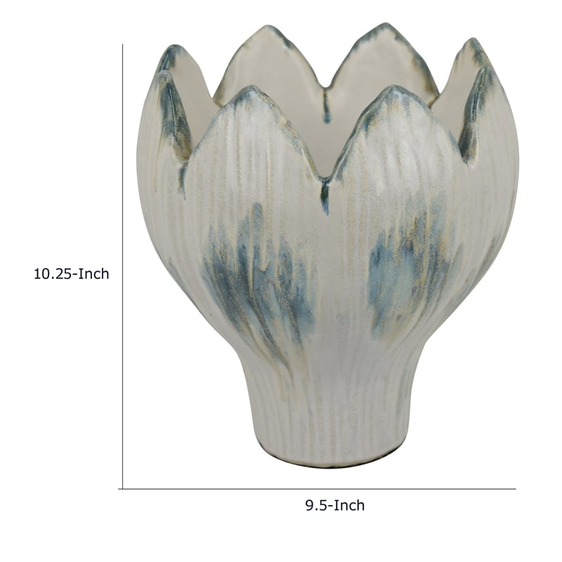 Decorative Planter with Petal Edge Design- White-Green Ceramic 10 Inch