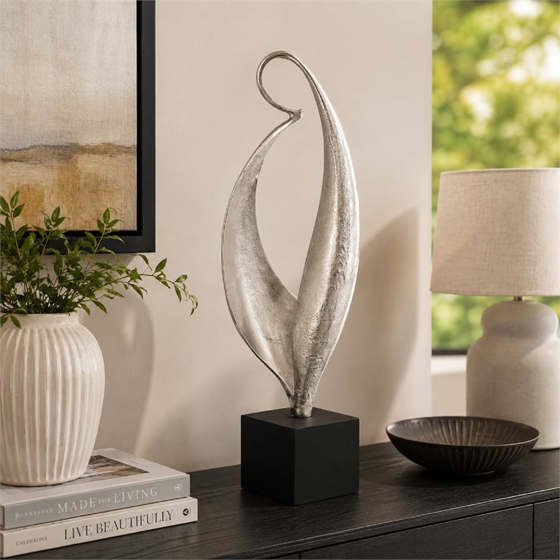 Dora Decorative Abstract Sculpture- Black Base- Silver Metal 24 Inch