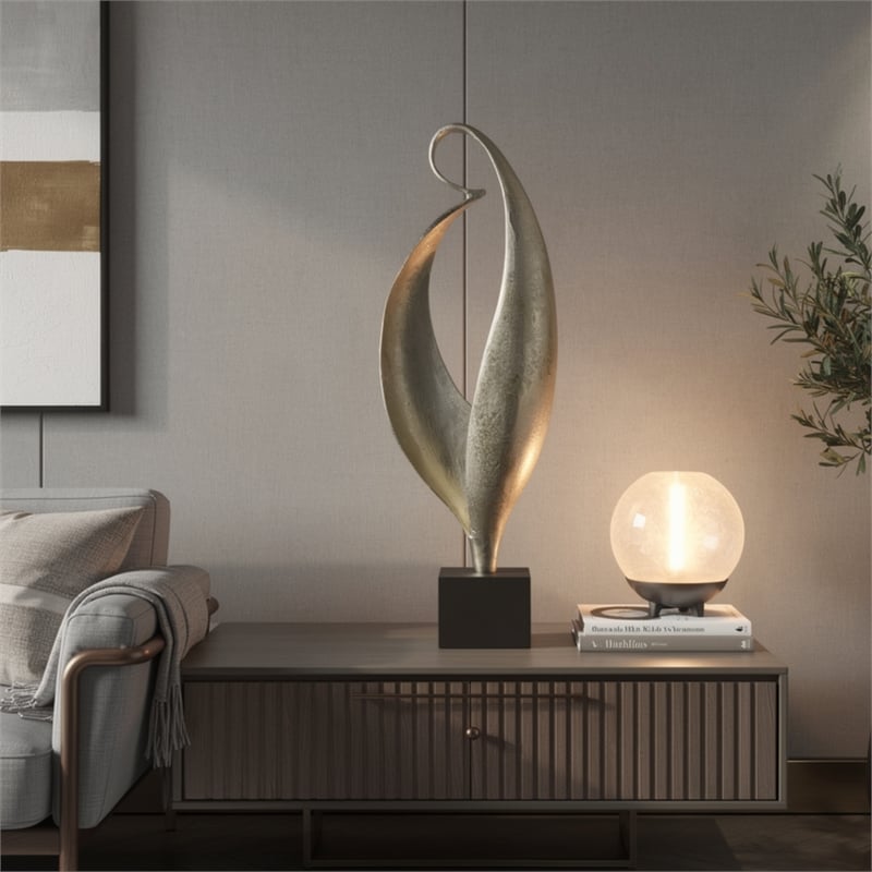 Dora Decorative Abstract Sculpture- Black Base- Silver Metal 24 Inch