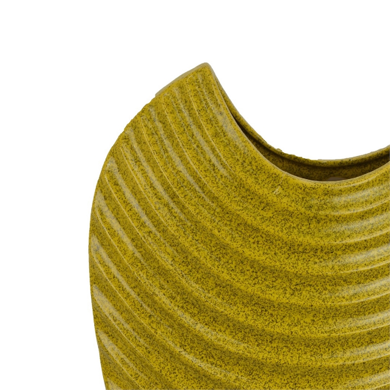 Decorative Vase with Sculpted Curved Rim- Yellow Ribbed Ceramic 20 Inch