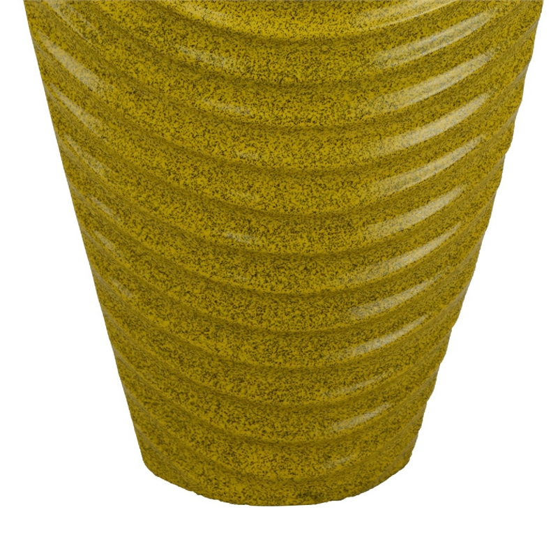 Decorative Vase with Sculpted Curved Rim- Yellow Ribbed Ceramic 20 Inch