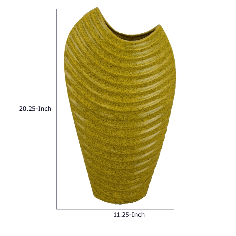 Decorative Vase with Sculpted Curved Rim- Yellow Ribbed Ceramic 20 Inch