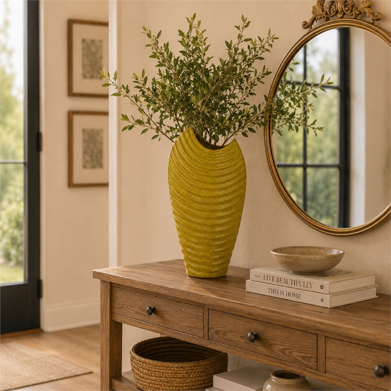 Decorative Vase with Sculpted Curved Rim- Yellow Ribbed Ceramic 20 Inch