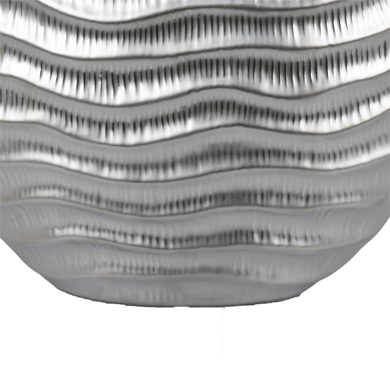 Tyler Round Vase with Textured Wave Pattern Design- Silver Ceramic 14 Inch