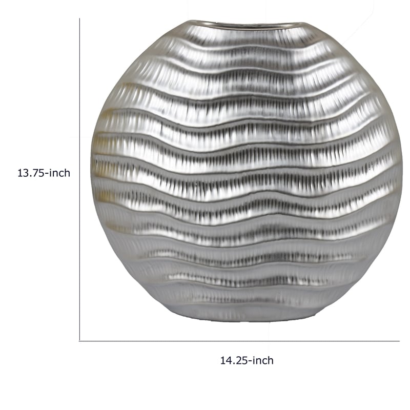 Tyler Round Vase with Textured Wave Pattern Design- Silver Ceramic 14 Inch