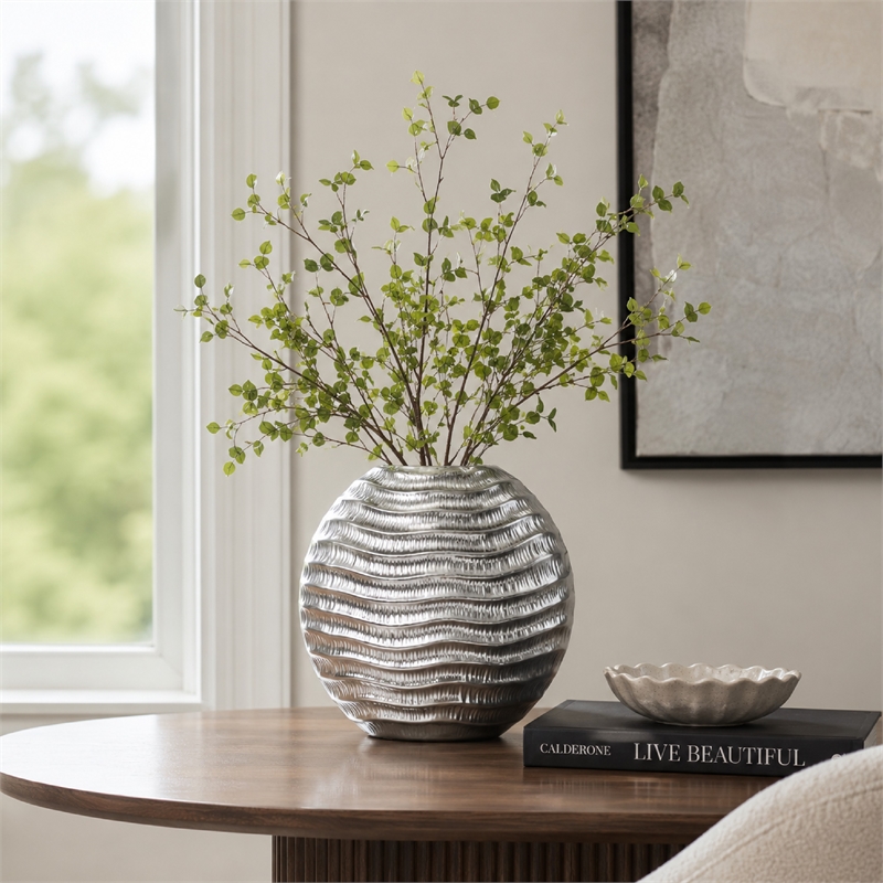 Tyler Round Vase with Textured Wave Pattern Design- Silver Ceramic 14 Inch