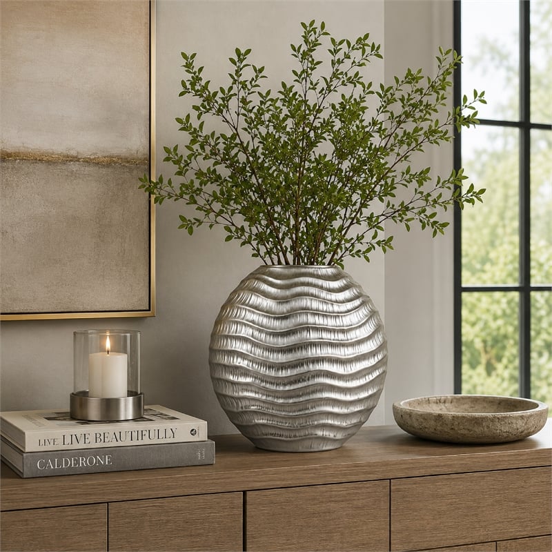 Tyler Round Vase with Textured Wave Pattern Design- Silver Ceramic 14 Inch