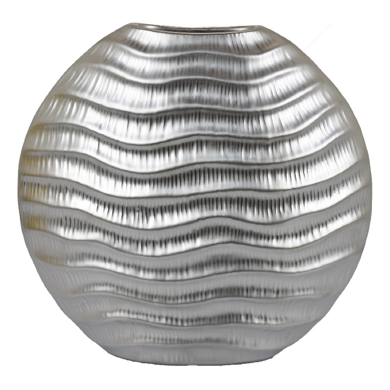Tyler Round Vase with Textured Wave Pattern Design- Silver Ceramic 14 Inch