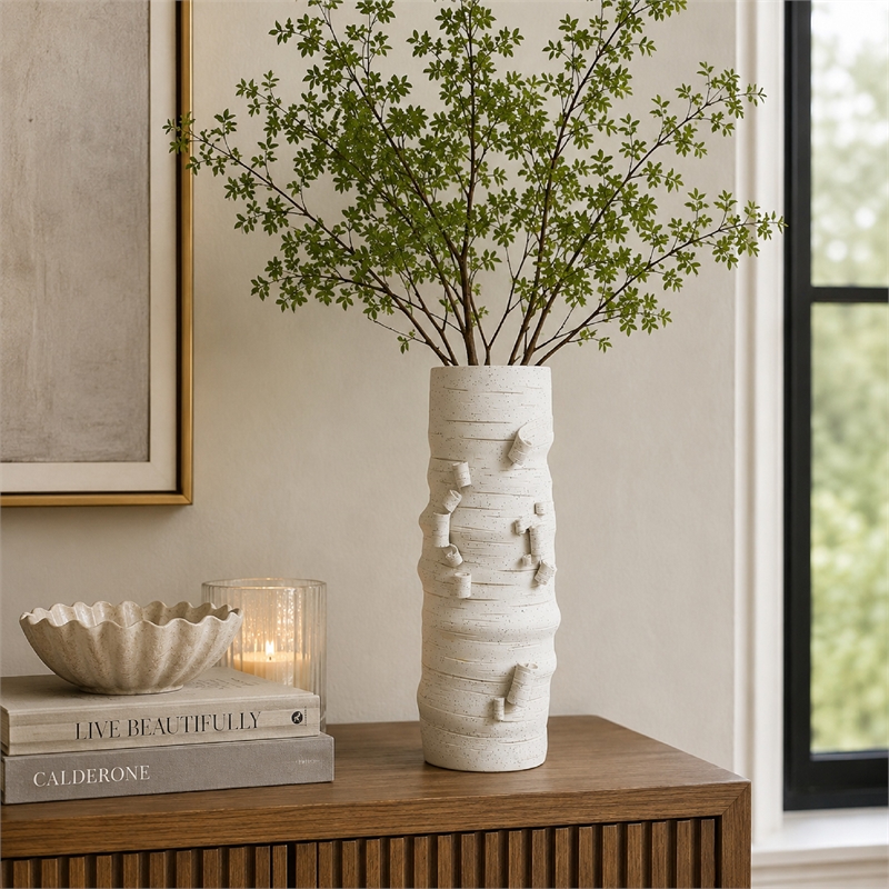 Moona Modern Vase with Sculpted Raised Details- White Textured Ceramic