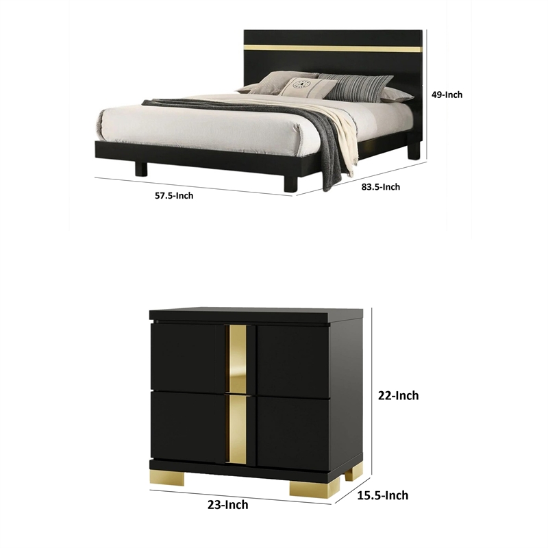 Full Bedroom Set- Black and Gold- 2 Piece Set with Nightstand