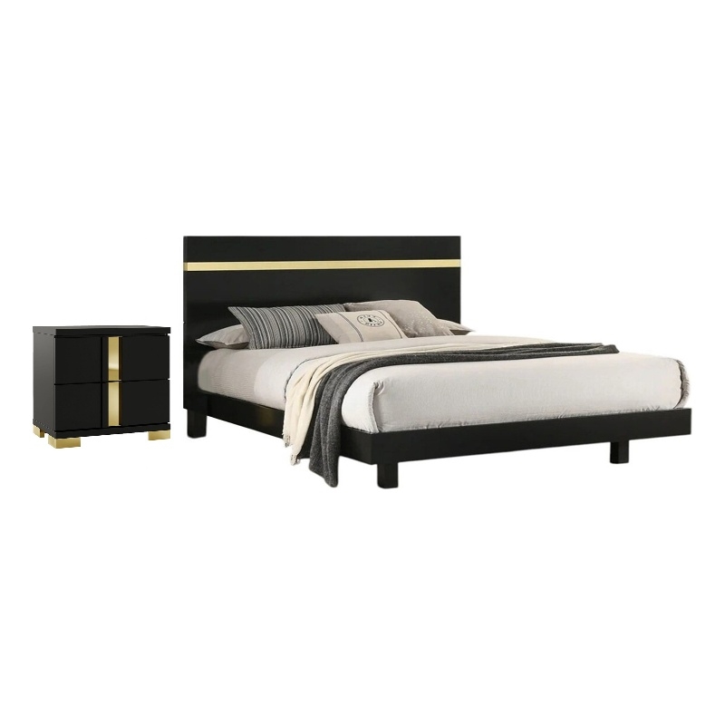 Full Bedroom Set- Black and Gold- 2 Piece Set with Nightstand