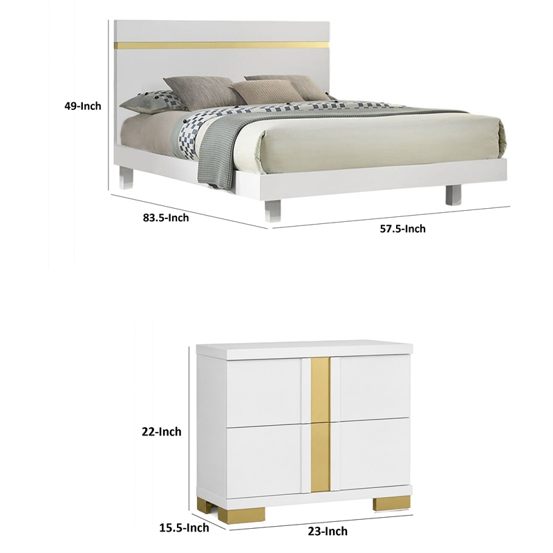 Full Bedroom Set- White and Gold- 2 Piece Set with Nightstand