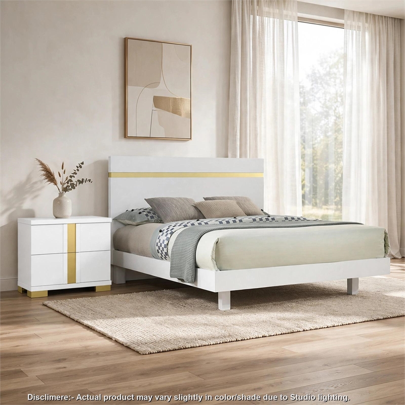Full Bedroom Set- White and Gold- 2 Piece Set with Nightstand