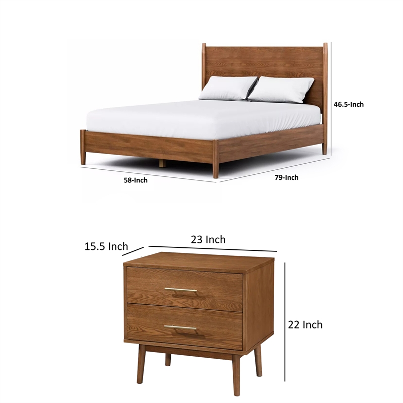 Full Bedroom Set- Walnut Brown and Nickel- 2 Piece Set with Nightstand