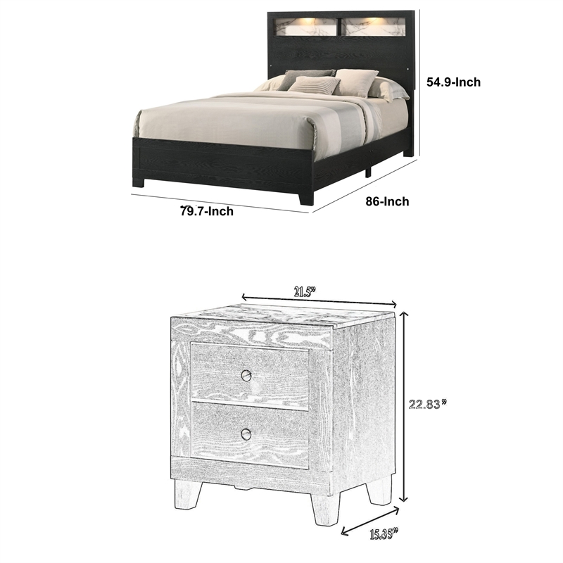King Bedroom Set- Black- White- Chrome Wood- 2 Piece Set with Nightstand