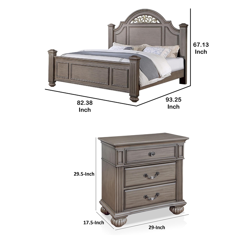 3pc King Bedroom Set- Gray- Brass- Clear Wood- 2 Nightstands
