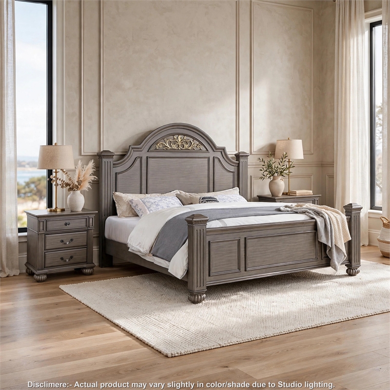 3pc King Bedroom Set- Gray- Brass- Clear Wood- 2 Nightstands