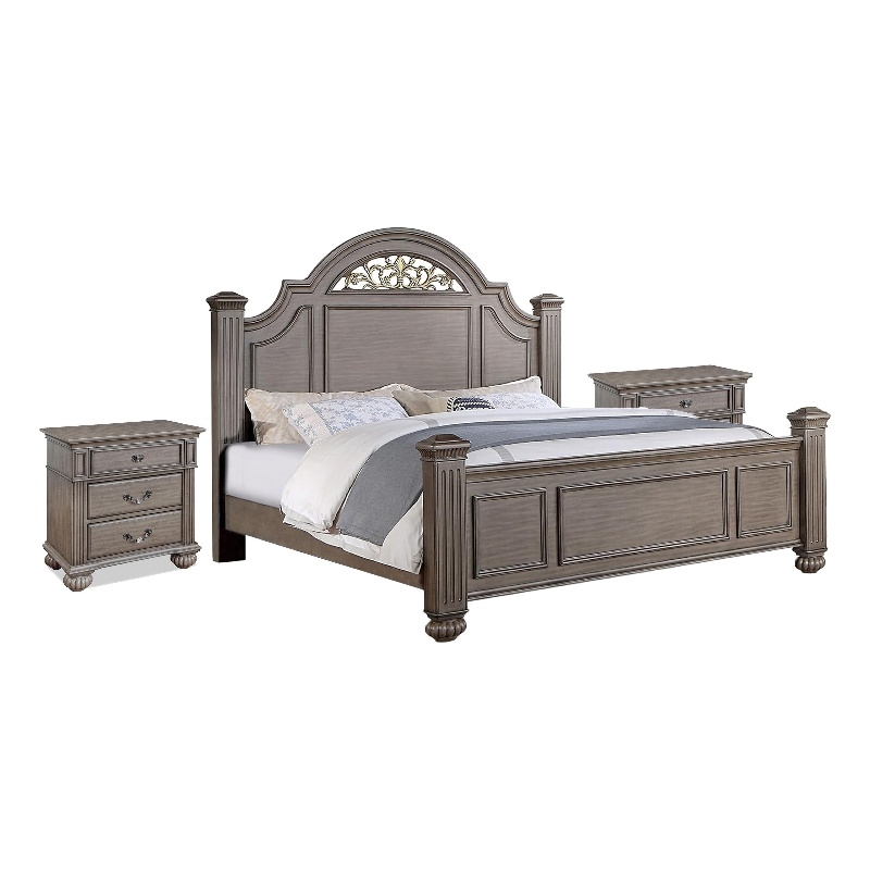 3pc King Bedroom Set- Gray- Brass- Clear Wood- 2 Nightstands