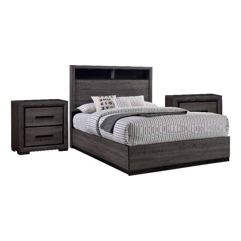 3pc King Bedroom Set- Gray- Black Wood- 2 Nightstands
