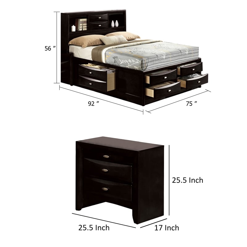 2pc King Bedroom Set- Black- Nickel Wood- Nightstand