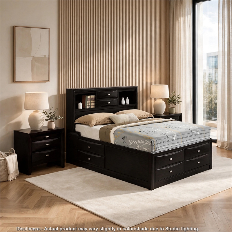 3pc King Bedroom Set- Black- Nickel Wood- 2 Nightstands