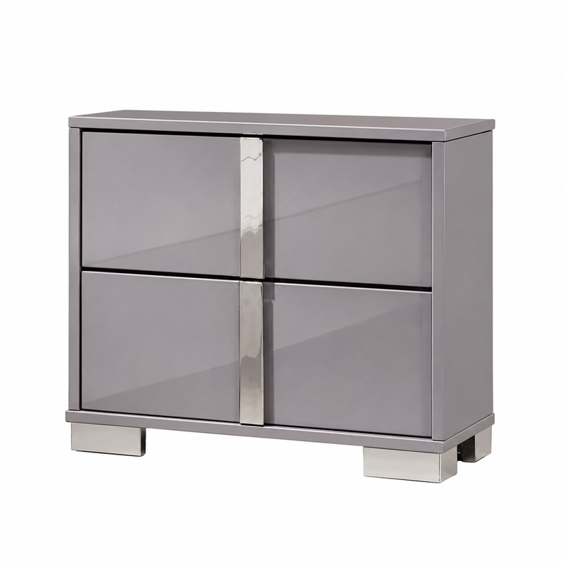 3pc King Bedroom Set- Chrome Silver- Light Taupe- Chrome Wood-2 Nightstands