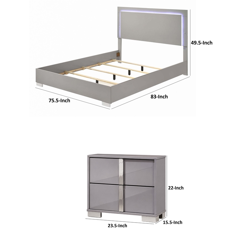 3pc King Bedroom Set- Chrome Silver- Light Taupe- Chrome Wood-2 Nightstands