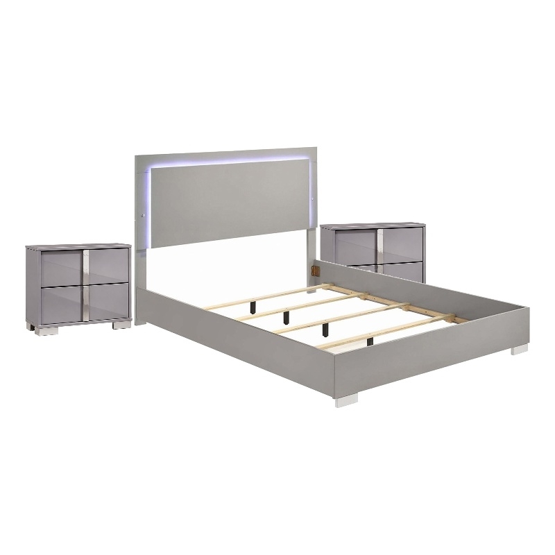3pc King Bedroom Set- Chrome Silver- Light Taupe- Chrome Wood-2 Nightstands
