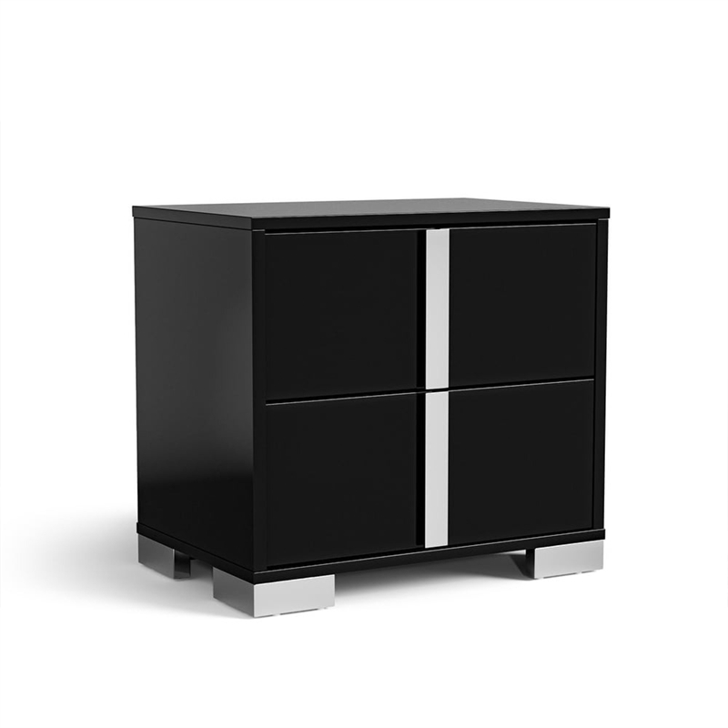 3pc King Bedroom Set- Piano Black- Chrome Wood- 2 Nightstands