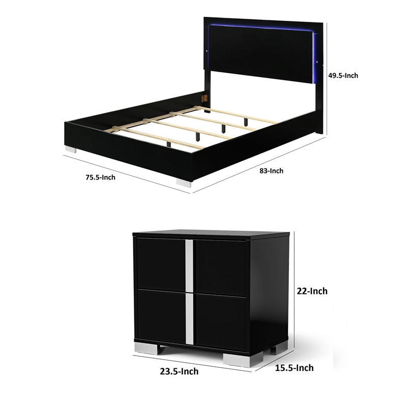 3pc King Bedroom Set- Piano Black- Chrome Wood- 2 Nightstands