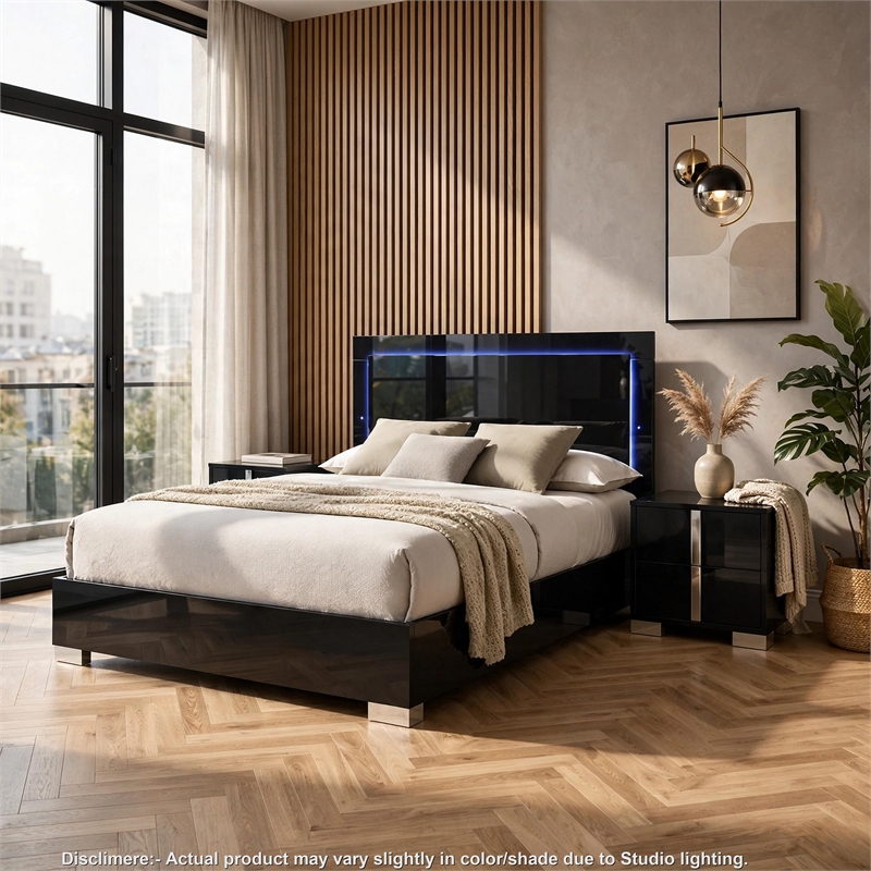 3pc King Bedroom Set- Piano Black- Chrome Wood- 2 Nightstands