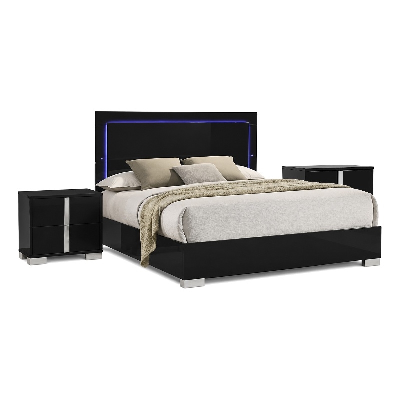 3pc King Bedroom Set- Piano Black- Chrome Wood- 2 Nightstands