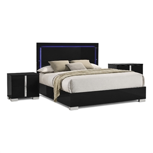 3pc King Bedroom Set- Piano Black- Chrome Wood- 2 Nightstands