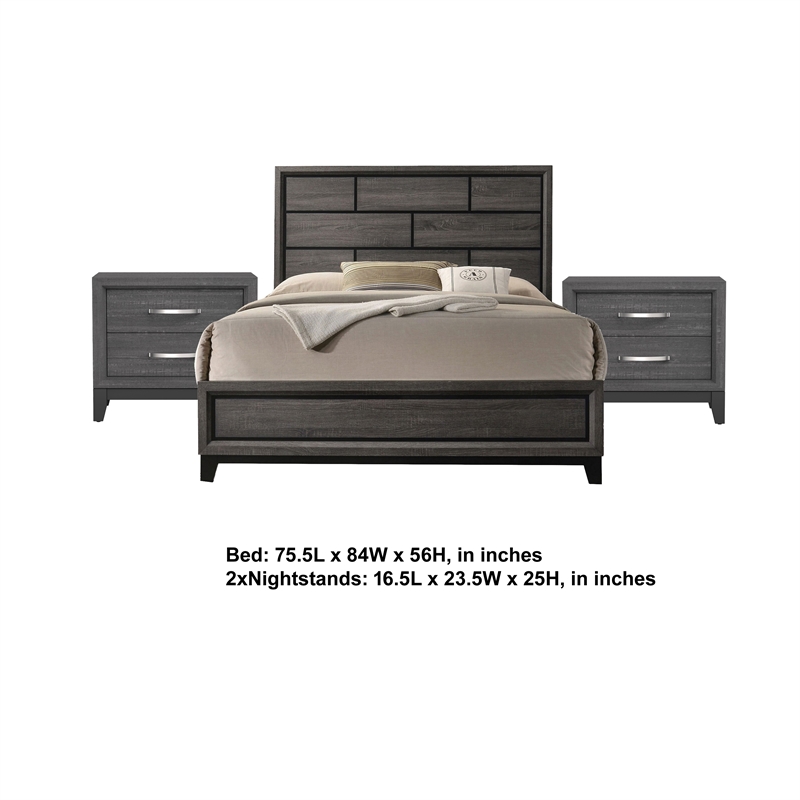 3pc King Bedroom Set- Gray- Black Wood- 2 Nightstands