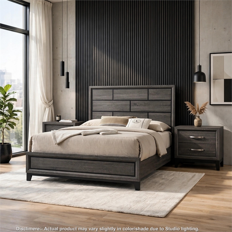 3pc King Bedroom Set- Gray- Black Wood- 2 Nightstands