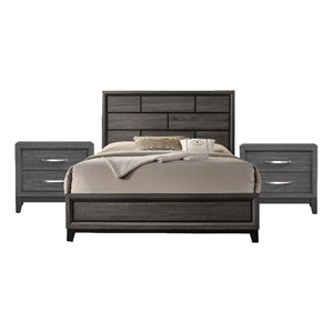 3pc King Bedroom Set- Gray- Black Wood- 2 Nightstands
