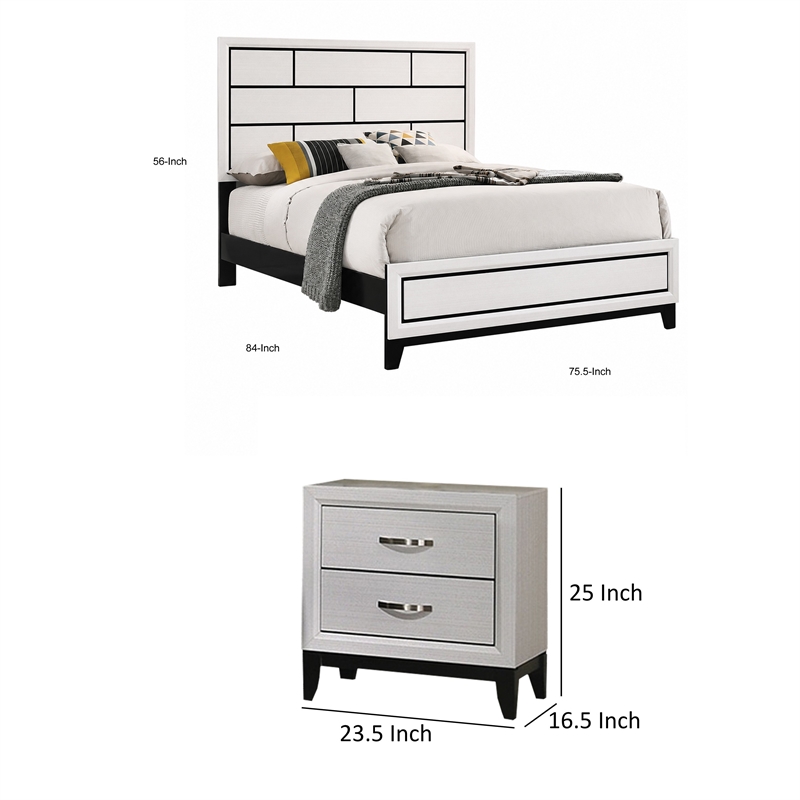 3pc King Bedroom Set- White- Black- Nickel Wood- 2 Nightstands