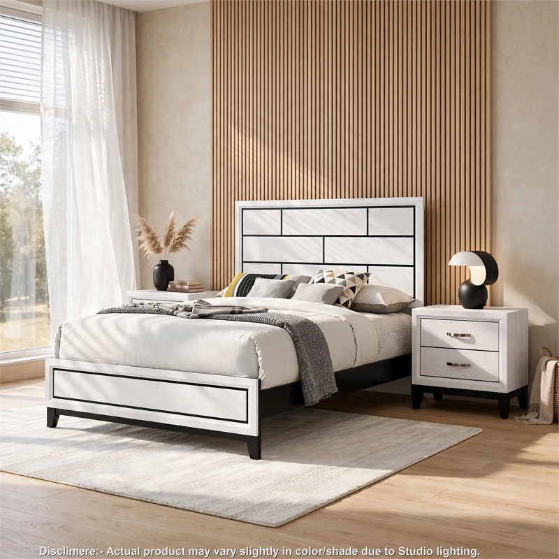 3pc King Bedroom Set- White- Black- Nickel Wood- 2 Nightstands