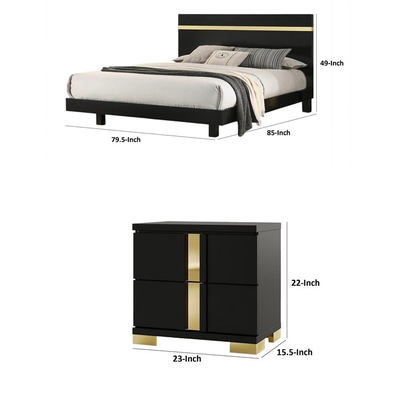 2pc King Bedroom Set- Black- Gold Wood- Nightstand