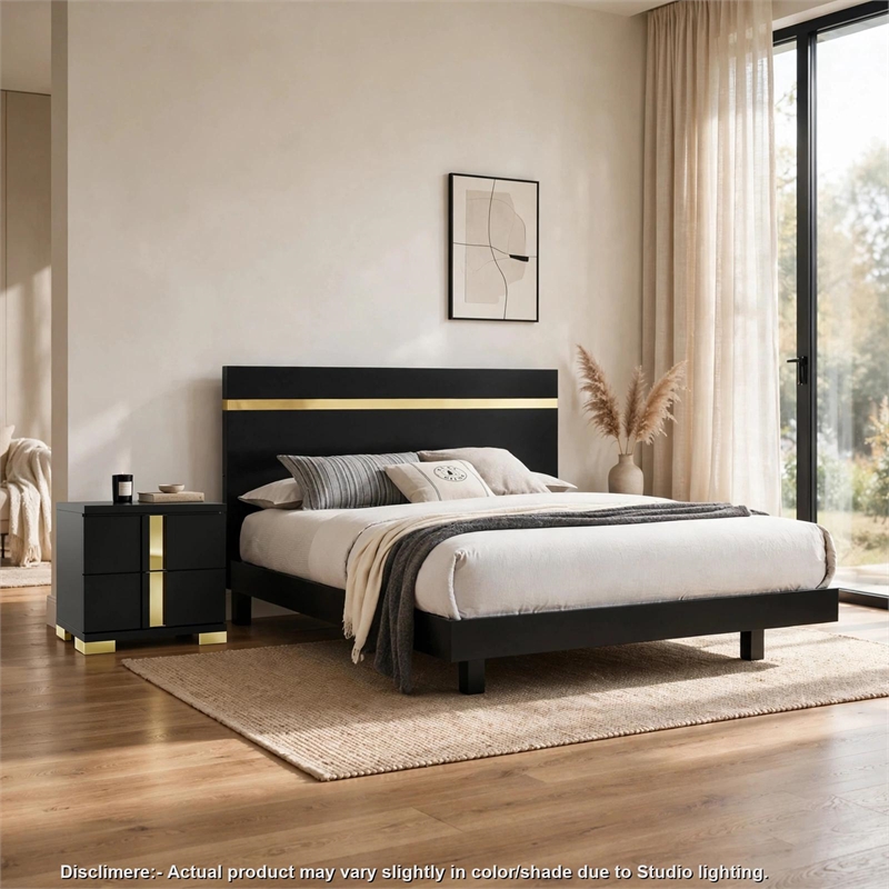 2pc King Bedroom Set- Black- Gold Wood- Nightstand