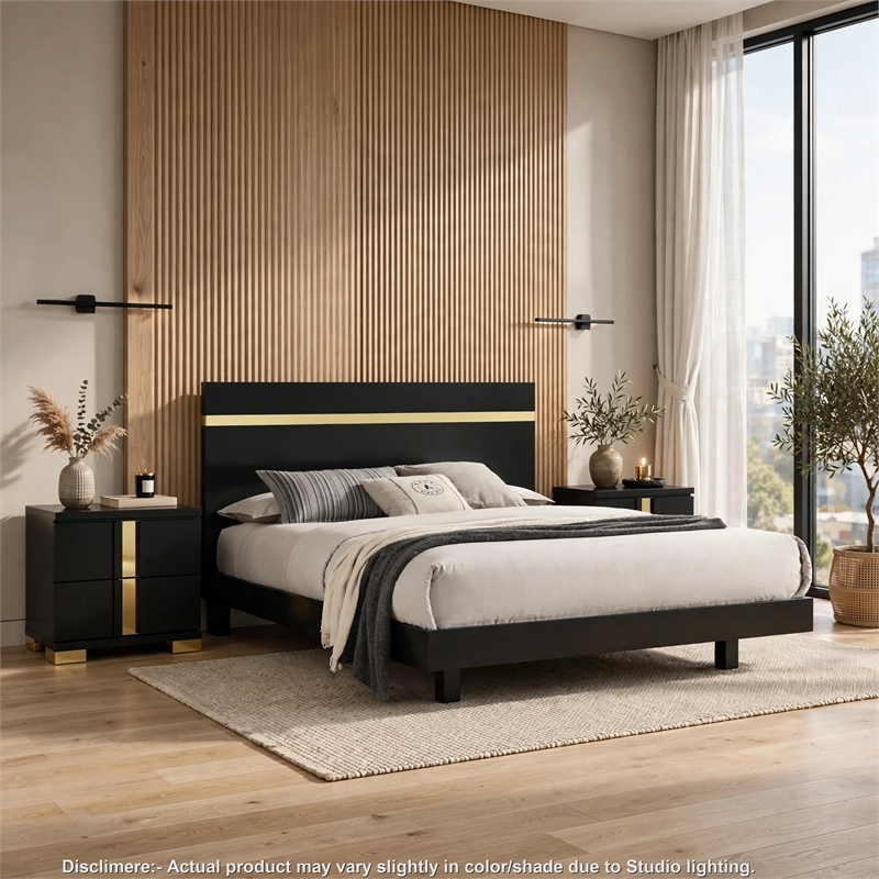 3pc King Bedroom Set- Black- Gold Wood- 2 Nightstands