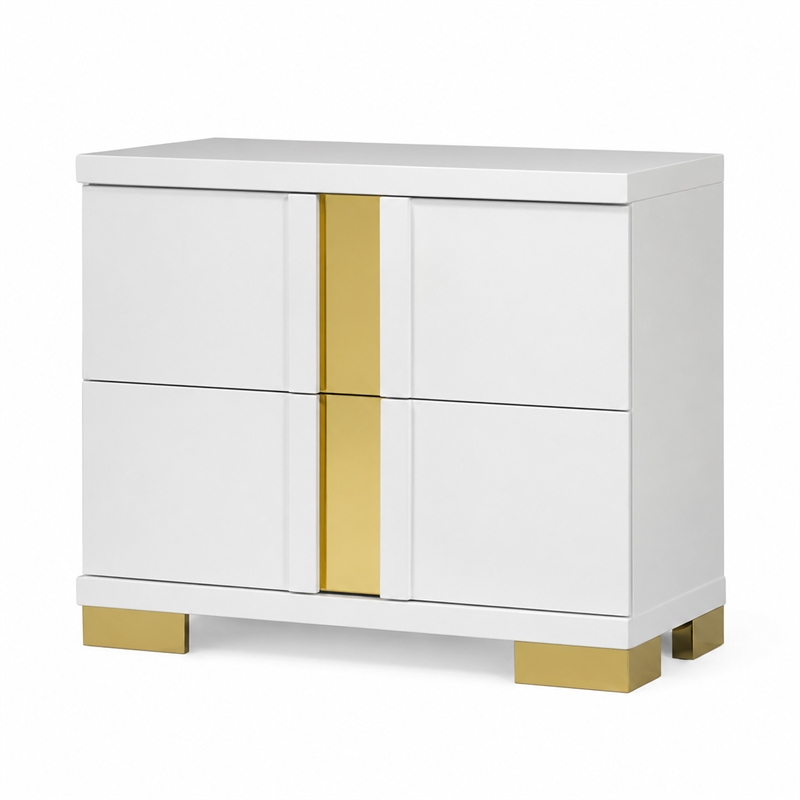 2pc King Bedroom Set- White- Gold Wood- Nightstand