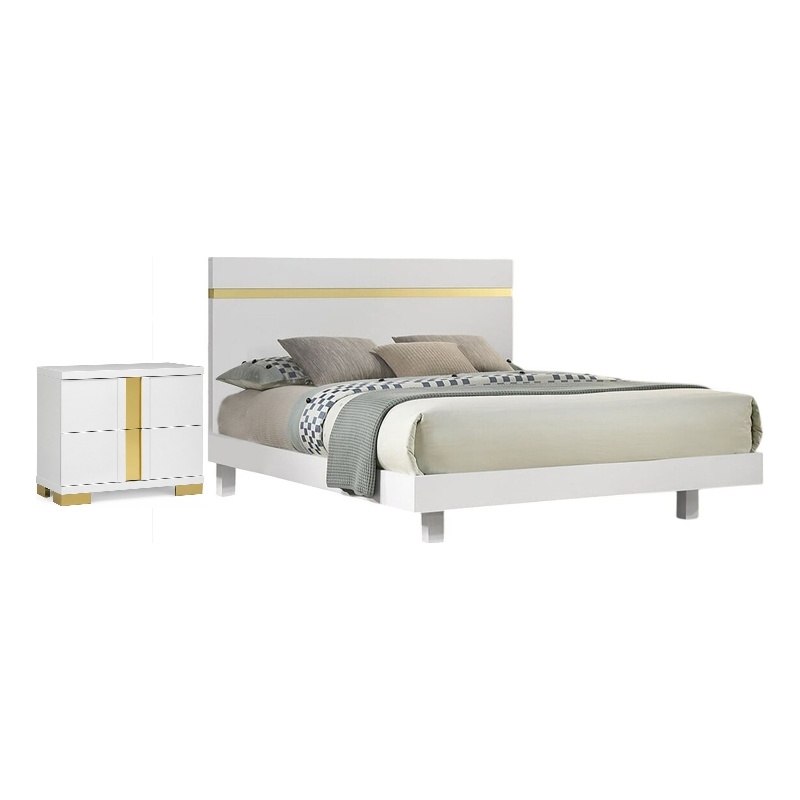 2pc King Bedroom Set- White- Gold Wood- Nightstand