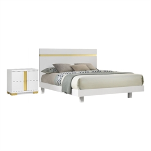 2pc King Bedroom Set- White- Gold Wood- Nightstand
