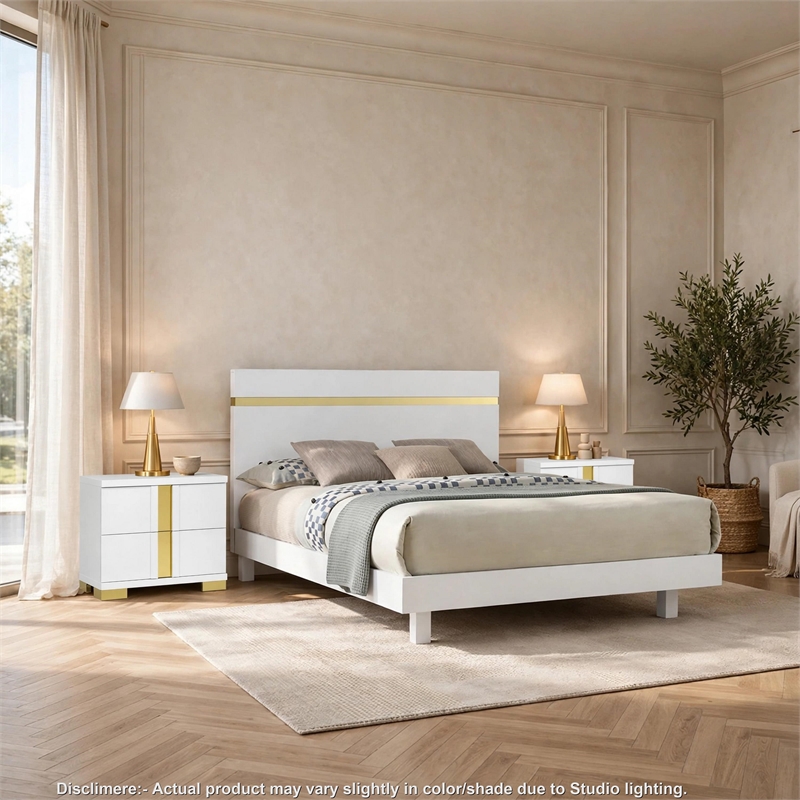 3pc King Bedroom Set- White- Gold Wood- 2 Nightstands