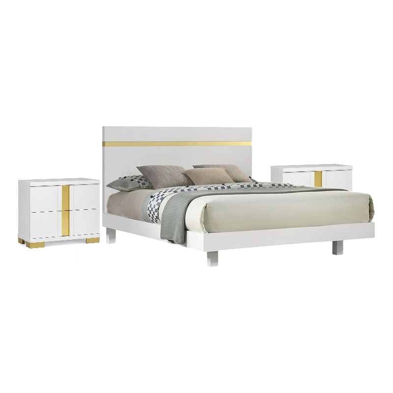 3pc King Bedroom Set- White- Gold Wood- 2 Nightstands