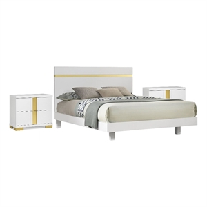 3pc King Bedroom Set- White- Gold Wood- 2 Nightstands