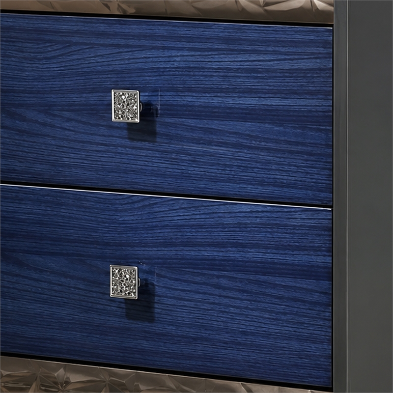2pc King Bedroom Set- Ash Gray- Indigo Blue- Chrome Wood- Nightstand