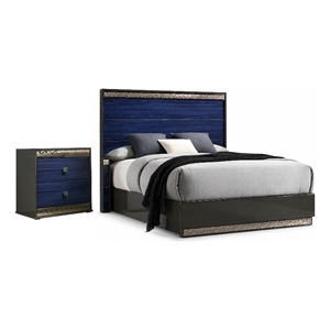 2pc King Bedroom Set- Ash Gray- Indigo Blue- Chrome Wood- Nightstand